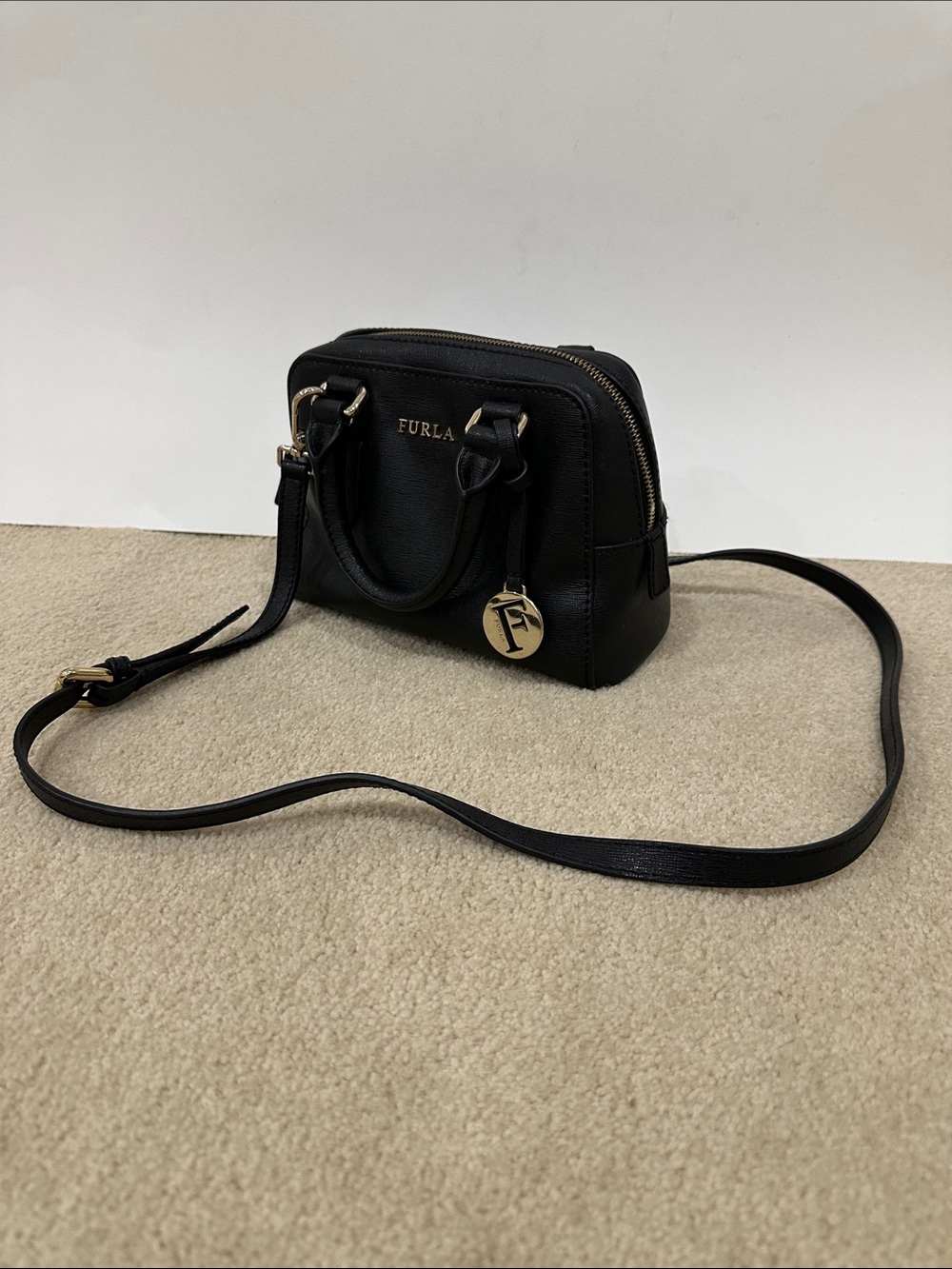 Furla Black Saffiano Leather Satchel with Gold Charm - Picture 4 of 5